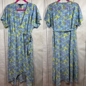 ModCloth Silk Floral Wrap Dress Blue Yellow Cottagecore Romantic Midi Feminine